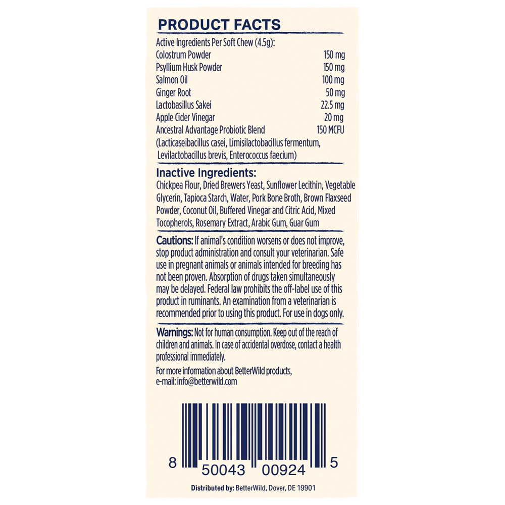 BetterWild allergy chews supplement facts panel